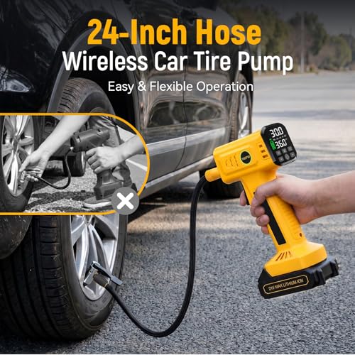 Rafeox Yellow Portable Cordless Tire Inflator with Long Air Hose, Fast Inflation, Auto Shut-Off