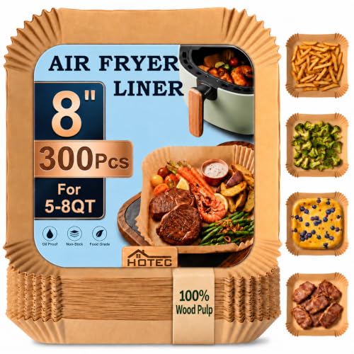 HOTEC 300-Count 8in Square Air Fryer Liners, 5-8 Qt, Unbleached Non-Stick Parchment