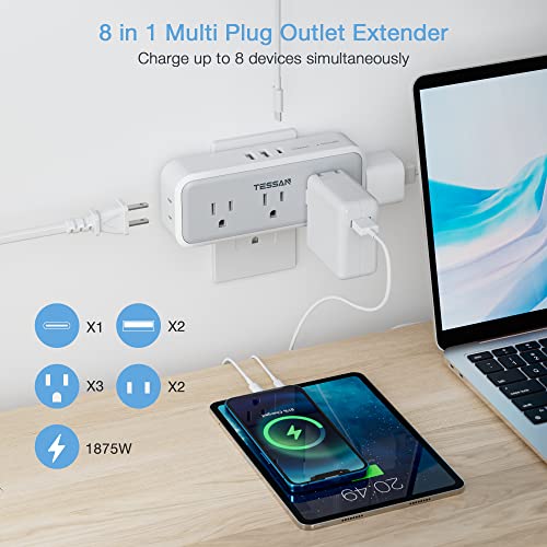 TESSAN 5 Outlets Wall Plug Extender with USB-C & Surge Protection, Grey