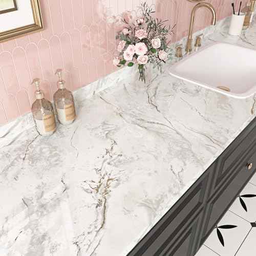 Beige/Gold Marble Peel and Stick Countertops Self Adhesive Marble Contact Paper for Countertops Stain Resistant Gold Granite Wallpaper Removable Vinyl Wrap for Kitchen Bathroom 15.8'' x 78.7''
