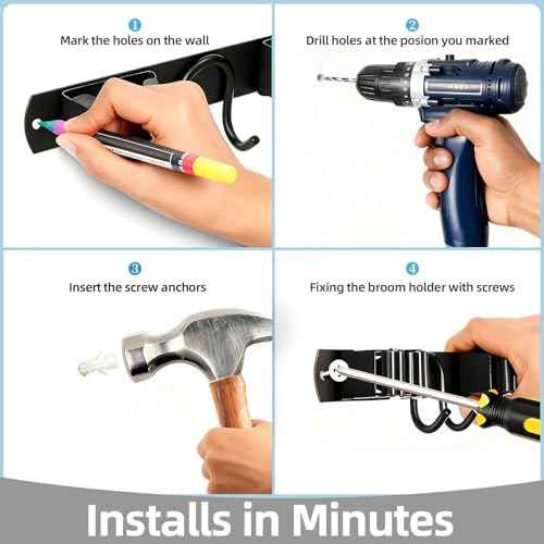 Broom Holder Wall Mount, Stainless Steel Mop and Broom Organizer, Broom Hanger with 2 Slots 2 Hooks for Home Kitchen, Garage, Garden and Laundry Room, Black