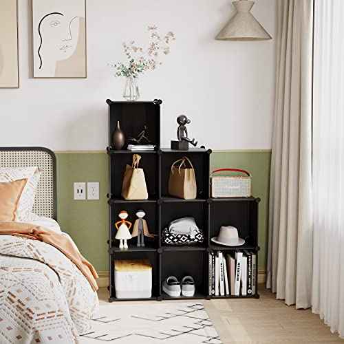 C&AHOME Cube Storage, 9-Cube Bookshelf, Plastic Closet Cabinet Organizer, DIY Stackable Bookcase, Modular Shelving Units Ideal for Home, Office, Kids Room, 36.6" L x 12.4" W x 48.4" H Black SHS3009A