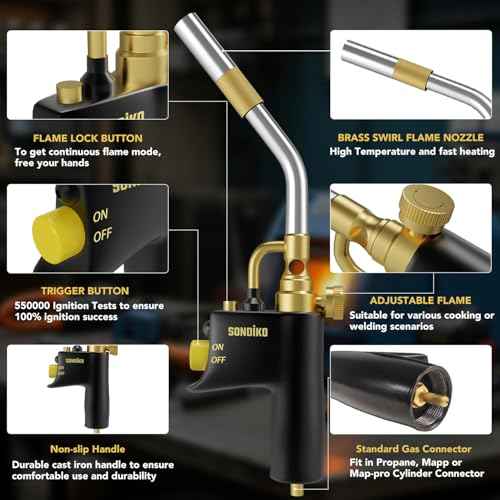 Sondiko Propane Torch Head, High Intensity MAPP Torch Head Trigger Start Gas Torch, Plumbing Soldering Torch for Welding, Machine Maintenance, Barbecue