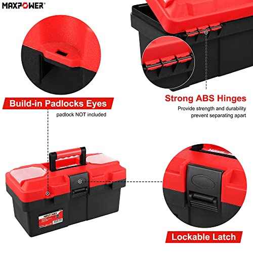 MAXPOWER Small Tool Box, 14-inch Plastic Tool Boxes with Handle, Removable Tray with Dual Lock Secured, Red Toolbox for Home