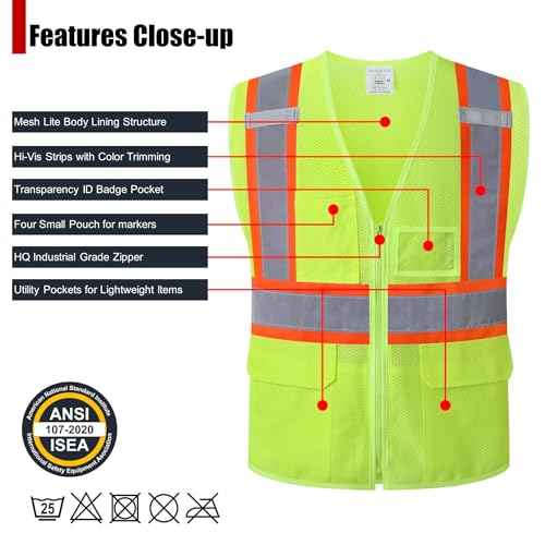 Reflective Safety Vest for Men Women Hi Vis Vest with Pockets High Visibility Vest Mesh Construction Vests Meets ANSI/ISEA Standards (Yellow-33, Large)