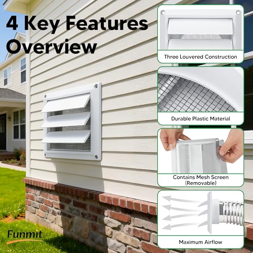 Funmit 4 Inch Outdoor Louvered Dryer Vent Cover with Screen, White