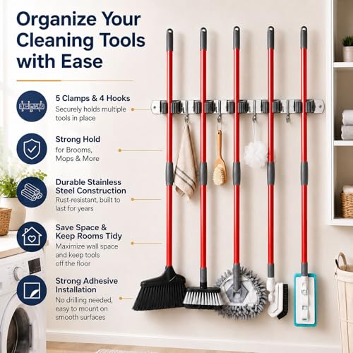 Voze Silver 5 Racks & 4 Hooks Wall Mount Mop & Broom Organizer