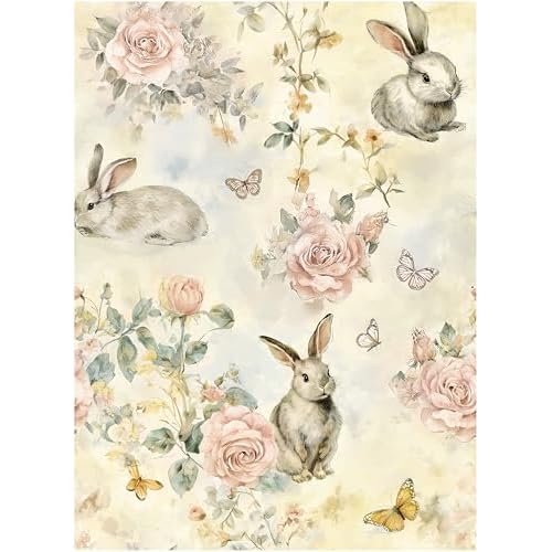Yellow Pink Floral Wallpaper Peel and Stick Wallpaper Boho 17.3"¡¿78.8" Vintage Animal Rabbit Butterfly Removable Self Adhesive Wall Paper for Bedroom Floral Contact Paper Waterproof Home Decor Vinyl