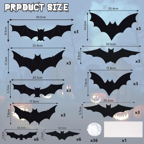 Purple LED 3D Bat Set for Halloween Decorations - 36 pcs, 5 Sizes & 4 Shapes