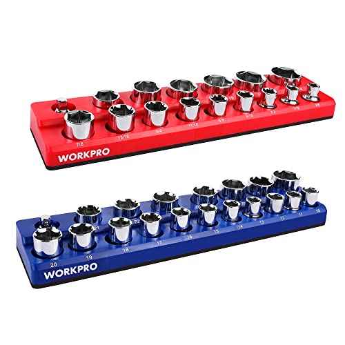 WORKPRO 1/2-inch Magnetic Socket Organizer Set, 2-Piece SAE & Metric Magnetic Socket Holders, Holds 35 Standard Sockets for Tool Box, Tool Carts (Sockets Not Included)