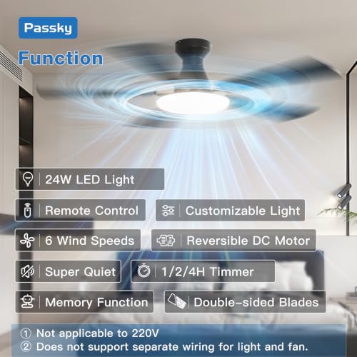 Passky Black 52 Inch Low Profile Ceiling Fan with Lights & Remote