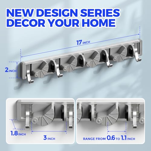 Holikme Silver Wall Mount Mop & Broom Holder with 4 Hooks, Metal Organizer