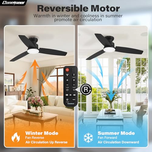 Conciseer 42 Inch Black Ceiling Fan with Lights and Remote, Flush Mount