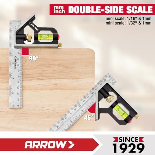 Arrow Combination Square, 6-Inch Combo Square with Bubble Level