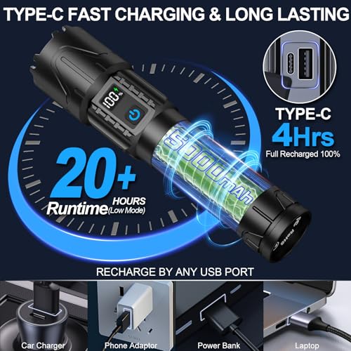 Banral Black Rechargeable Tactical Flashlight 2000 Lumens, Long Range Focus