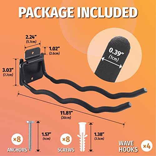 HUHOLE Garage Hooks, Ladder Hangers for Garage Wall, Shovel Holder, 4 Pack Heavy Duty Hook for Ladder, Rake, Folding Chair, Yard Tools, Garden Tool, 12¡± Wave Curved Utility Hooks