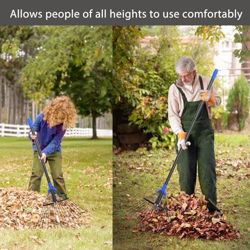 Heavy Duty Adjustable Metal Leaf Rake with Long Handle & Expandable Head for Gardening