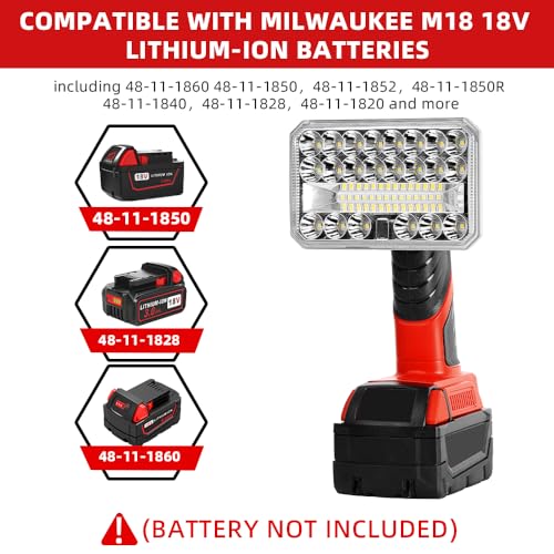 18W LED Work Light for Milwaukee M18 18V Lithium-Ion Battery, 2000 Lumen Al Alloy Flashlight Spotlight with USB Port, 3 Brightness Modes Indoor Outdoor Use(Battery Not Included)