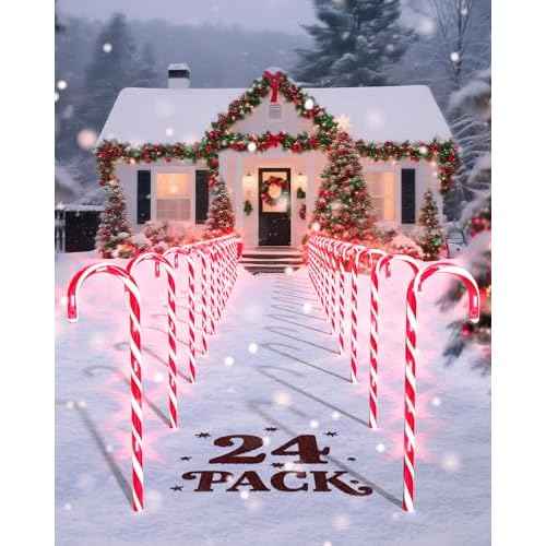 COOLWUFAN 24 Pack Christmas Candy Cane Lights, 17 in Outdoor Pathway Markers with Warm White LEDs, Holiday Decorations for Yard, Lawn, Garden, Walkway, Driveway, Christmas Party