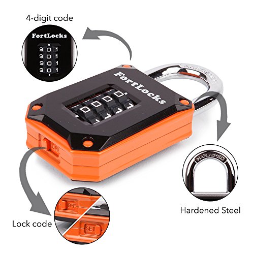 FortLocks 4-Digit Combination Padlock - Black/Orange Indoor & Outdoor Security Lock - 1 Pack
