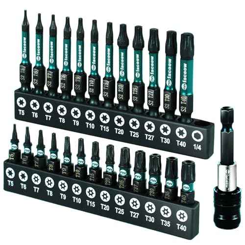 Torx Bit Set(T5-T40), 26 Pack Security Torx Bits Set with Magnetic Tips,Tamper Proof Star Bits Set S2 Alloy Steel, 1"&2" Long Impact Torque Bit Set & 2.3" Self-locking Quick Change Extension