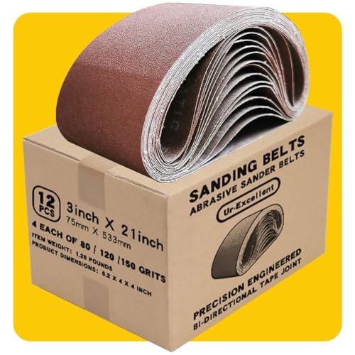 TPmax 3x21 Inch Sanding Belt Pack 12 Pcs for Wood Metal and Glass, 80-150 Grits