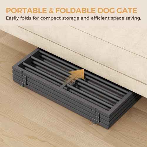 Dog Gate Indoor, Freestanding Foldable Pet Gate for The House, Doorway, Stairs, 64.6" W x 23.6" H Metal Step Over Fence with Support Feet, 4-Panel Pet Puppy Safety Fence, Black DGBK6101