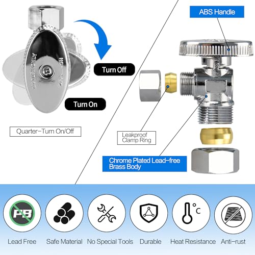 2 Pack Nominal Angle Stop Valve - 1/2" (5/8" OD Comp.) Inlet & 3/8" Outlet, Easy Install