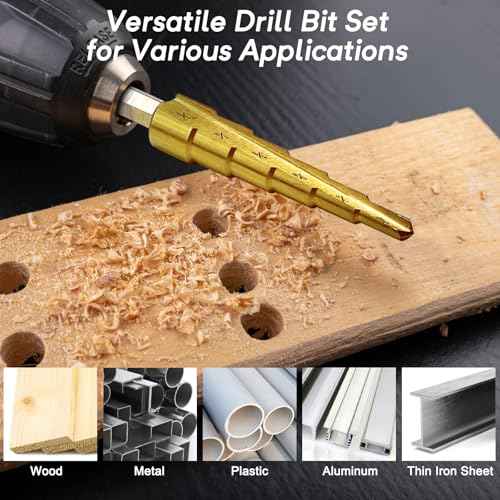 Step Drill Bit Set, Step Bits for DIY Projects and Professionals ? Titanium-Coated High-Speed Steel Step Drill Bits for Wood, Metal, and Plastic (3 Pcs)