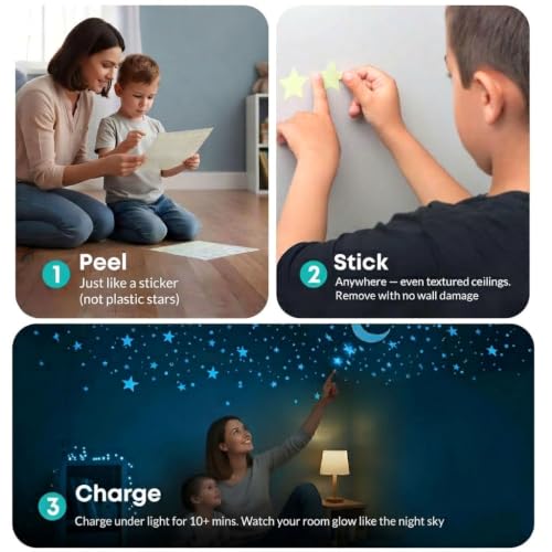 LUMOSX Space Blue Glow in the Dark Star Ceiling Decals Set - 600 Pcs with Moon & E-Book
