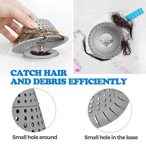 zaa Bathtub Drain Hair Catcher, Premium Silicone Shower Hair Catcher, 1Pack Collapsible Hair Stopper for Pop Up and Regular Drains of Shower, Bathtub, Bathroom, Sink, Shower Parts, Gray