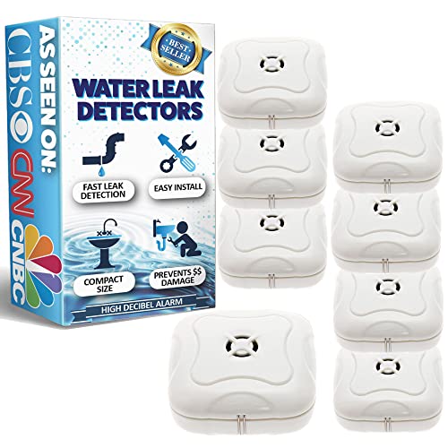 8 Pack Water Leak Detector - 95 dB Flood Detection Alarm Sensor for Bathrooms, Basements, Laundry Rooms, Garages, Attics and Kitchens by Mindful Design (White)