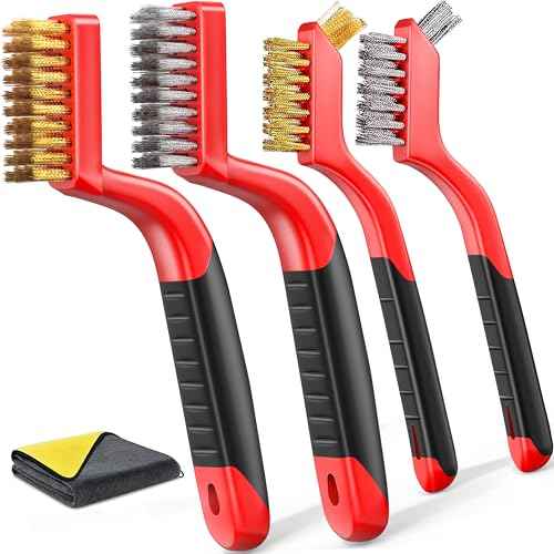Wire Brush Set, 4-Piece - Nylon/Brass/Stainless Steel Wire Brush/Cleaning Towel with Curved Handle for Rust Removal, Stain Removal and Paint Brush Deep Cleaning - 7-Inch and 8-Inch (Red)