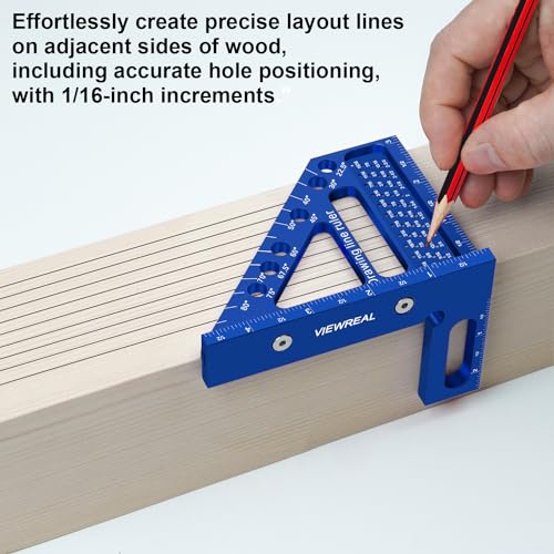 ViewReal Blue 3D Multi-Angle Aluminum Woodworking Square Ruler 22.5–90° Protractor