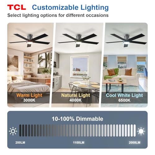 TCL 52-Inch Black Flush Mount Ceiling Fan with Light & Remote Control