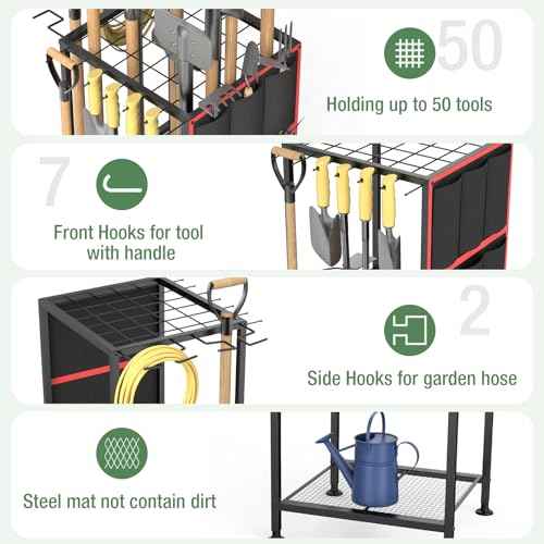 Garden Tool Organizer,Metal Yard Tool Organizer,Holds 50 Long-Handled Tools/Rakes/Brooms,Side Garden Pocket,Heavy Duty Steel Yard Tool Storage Rack for Garage,Shed, Outdoor