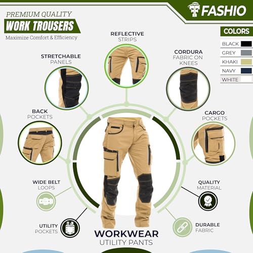 FASHIO FF Mens Construction Pants Utility Work Heavy Duty Workwear Trousers Carpenter Knee Reinforcement Cordura Safety Pants