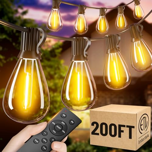 Amzrap 200FT Waterproof Outdoor String Lights with Remote, Dimmable & Shatterproof LED Bulbs