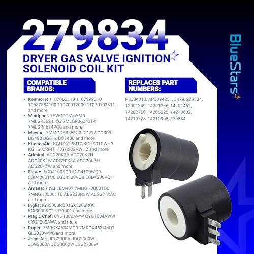 [UPGRADED] BlueStars 279834 Dryer Gas Valve Ignition Solenoid Coil Kit - Pack of 1