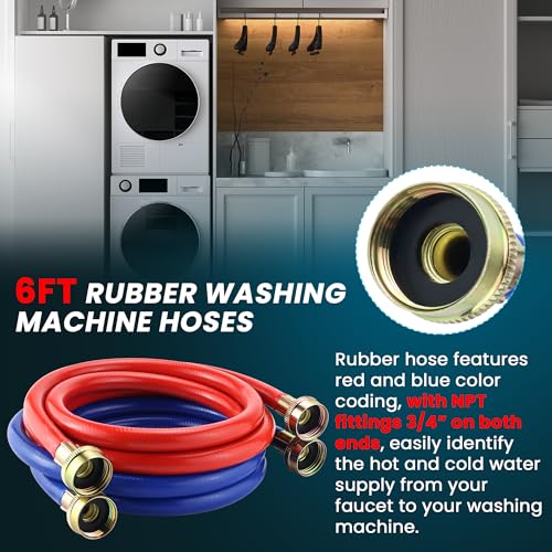 Fetechmate 6ft Rubber Washing Machine Hoses - Burst-Proof, 3/4-Inch NPT, Includes 2 Pack (6FT-Straight)