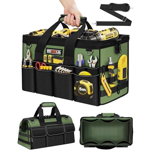 Heavy Duty Tool Bag 16-Inch - 19 Pockets Tool Organizer, Portable Electrician Toolbox W/Soft Handle, Christmas Birthday Gift Ideas for Men Dad Husband Him Mechanic Plumber, Wide Mouth Tool Storage Box