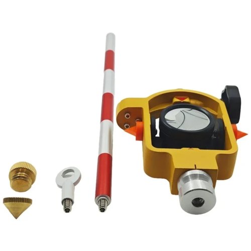 FDC066 Mini Surveying Prism with Yellow Metal Holder Bubble Level and 5 Poles, ADS106 Reflective Prism for Topcon Sokkia Nikon Trimble Total Station, 0/-30mm, 5/8"-11 Thread