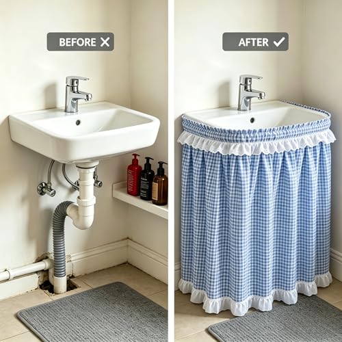 Blue Ruffle Gingham Under-Sink Curtain, 55x32in - Self-Gripping Cotton-Linen Farmhouse