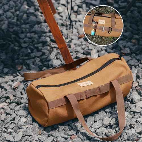 TBACW Canvas Tool Storage Bag with Zipper - Organizer for Tools, Tent Stakes & Poles, Durable Fabric Utility Pouch for Outdoor Hunting Hiking Camping Gear (Khaki)