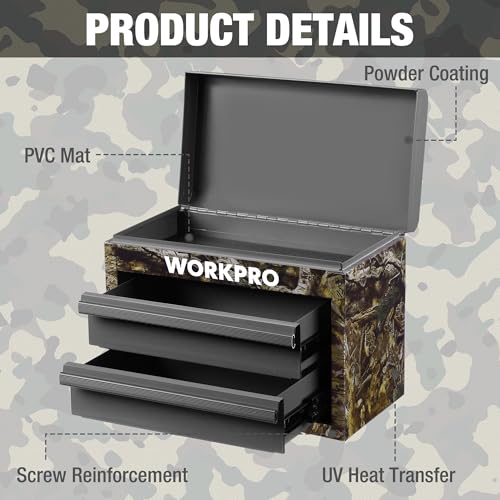 WORKPRO Camouflage Mini Tool Box with 2 Drawers & Top Storage - Green Camo