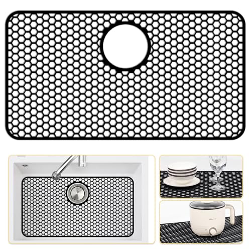 Bestjing 26x14 Inch Silicone Sink Protector Mat with Rear Drain - Black, 1 Pack