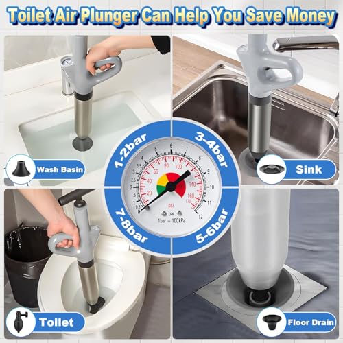 High Pressure Toilet Plunger with Pressure Gauge - Heavy Duty Bathroom Drain Cleaner