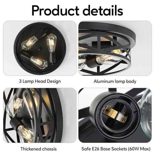 13 Inch Close to Ceiling Light Fixtures 2 Pack, 3-Lights Farmhouse Flush Mount Ceiling Light, Black Indoor Metal Cage Semi Flush Mount Ceiling Light for House Hallway Kitchen Bedroom