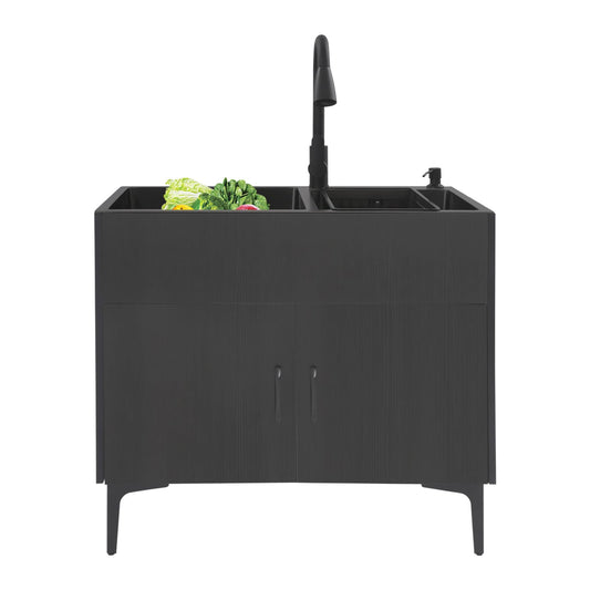 sjcdicnj All-in-One Utility Sink & Cabinet, 31-inch Freestanding Kitchen Sink Cabinet Stainless Steel Laundry Cabinet with 360° Faucet for Laundry Room, Garage, Mudroom (Black)