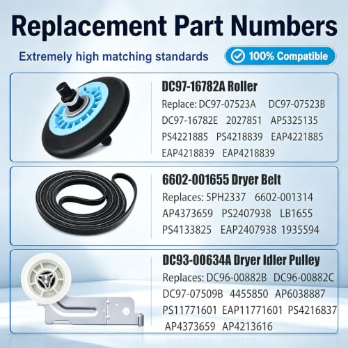 MONKEMON Upgraded Samsung Dryer Repair Kit - 4 Roller + Idler + Belt, Blue